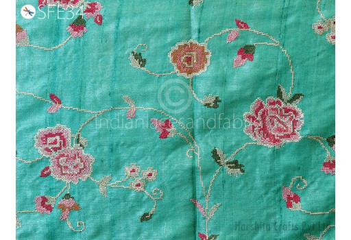 Indian Embroidery Pure Tussar Silk Embroidered Fabric by the yard Raw Silk Wild Natural Handmade Fabric Peace Silk Tussah Dress Saree Material